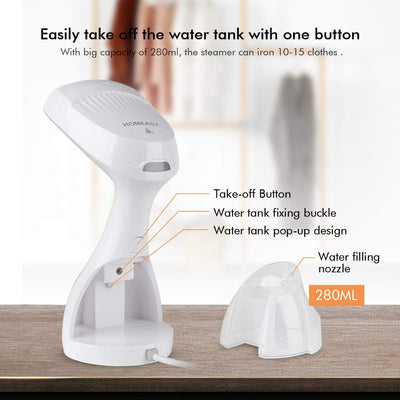 homeasy 1500W Handheld Portable Garment Steamer, [Upgraded] Home and Travel Fabric Steam Cleaner, Wrinkle Remover, 25s Fast Heat-up, 280ml White