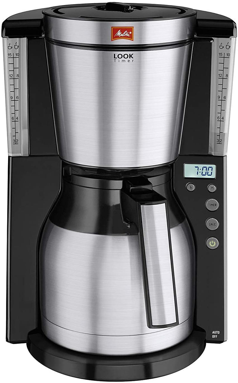 Melitta Filter Coffee Machine with Insulated Jug, Timer Feature, Aroma Selector, Look Therm Timer Model, Black/Brushed Steel, 1011-16