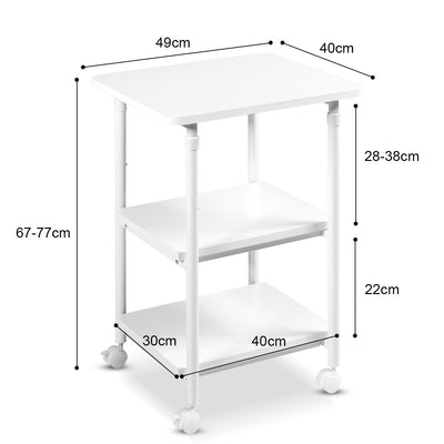 Mesa auxiliar con ruedas y soporte para impresora de 3 niveles con altura ajustable