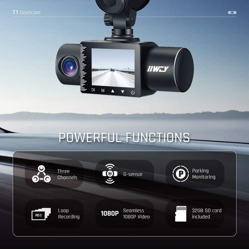 iiwey Dash Cam Front Rear and Three Channels 1080P with IR Night Vision, SD Card included, Dashcam 170 Wide Angle, HDR, Motion Detection and G-sensor