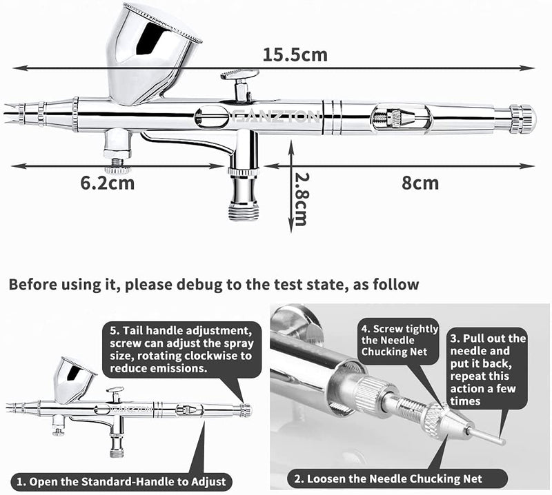 GANZTON Airbrush Set Double Action Trigger Paint Spray Gun Kit Professional Sprayer Air Paint Control Gun with 0.2mm/0.3mm/0.5mm 9cc CUP