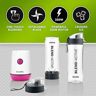 Breville Blend Active Personal Blender & Smoothie Maker | 350W | 2 Portable Blend Active Bottles (600ml) | Leak Proof Lids | White & Pink [VBL248]