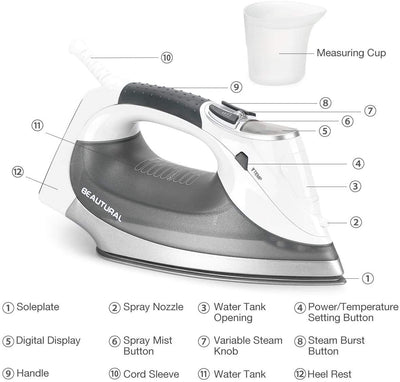 BEAUTURAL 2400 W Steam Iron with LCD Display, Variable Temperature and Double Ceramic Coated Soleplate, 8 ft Power Cord and 340ML Tank-White/Grey