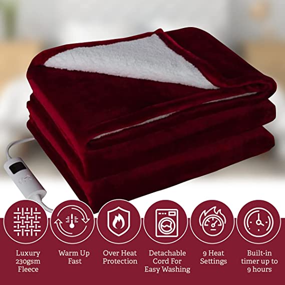 Modish FOUNT Electric Heated Throw Blanket, Red Flannel Sherpa Fleece Overblanket, 9 Heat Settings, Overheat Protection, Machine Washable - 160x130cm