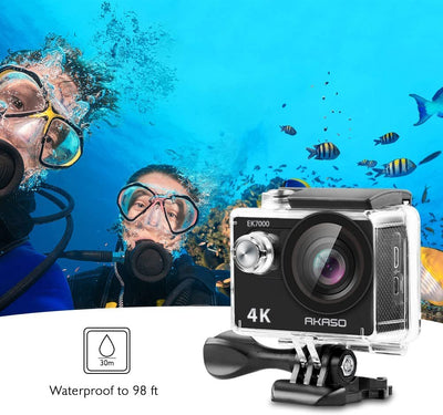 AKASO EK7000 4K Sport Action Camera Camcorder 12MP WiFi Waterproof 2 Inch LCD Screen, 2.4G Remote Control, 2x Rechargeable Batteries, 19 Accessory Kit