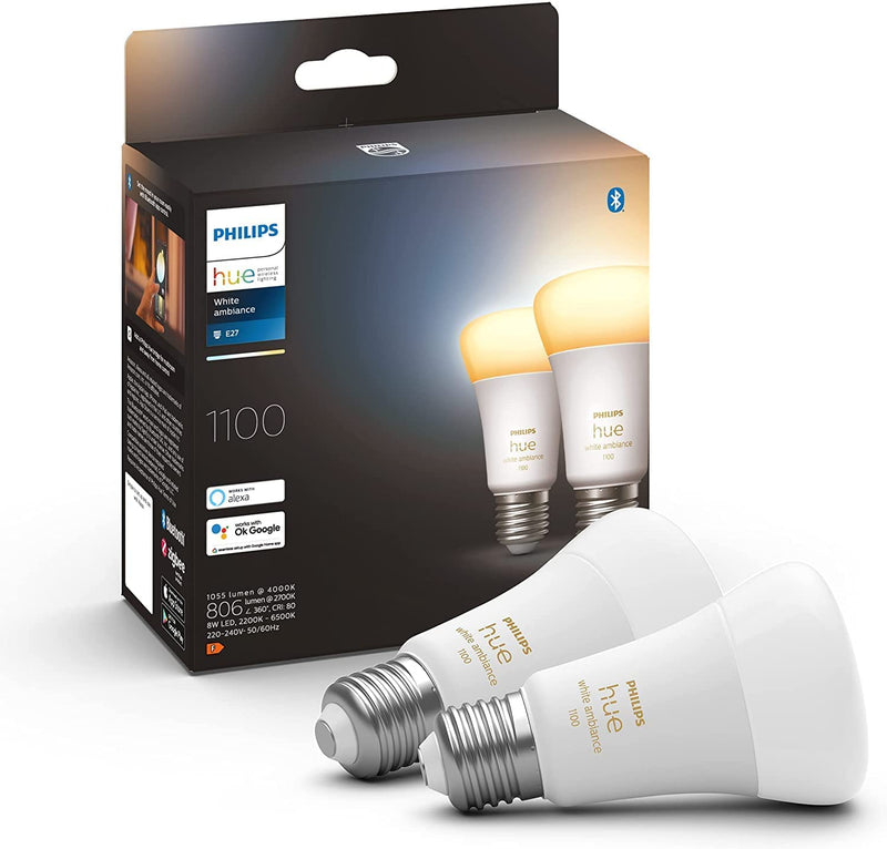 Philips Hue New White Ambiance Smart Light Bulb 2 Pack 75W - 1100 Lumen [E27 Edison Screw] with Bluetooth. Works with Alexa, Google and Apple Homekit