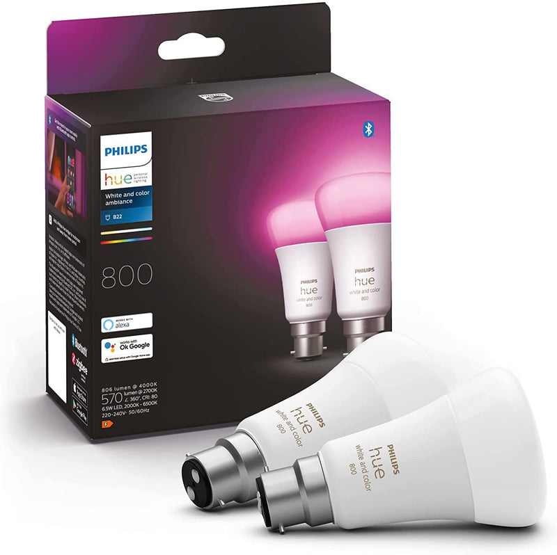 Philips Hue White & Colour Ambiance Smart Bulb Twin Pack LED [B22 Bayonet Cap] - 800 Lumens (60W equivalent). Works with Alexa, Google and Apple