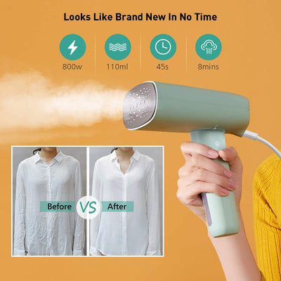 homeasy Garment Steamer for Travel and Home Portable Fabric Hand Steamer Ironing Wrinkle Remover with Fast Heat-up Detachable Water Tank Green, Small