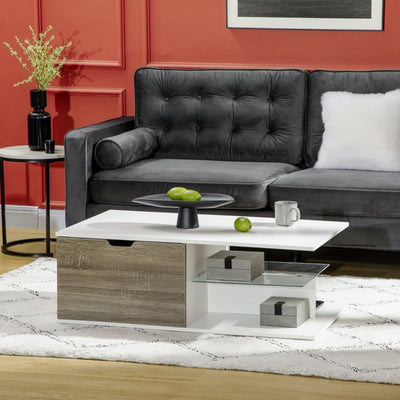 Modern Coffee Table With Tempered Glass Shelf And Two Drawers, White