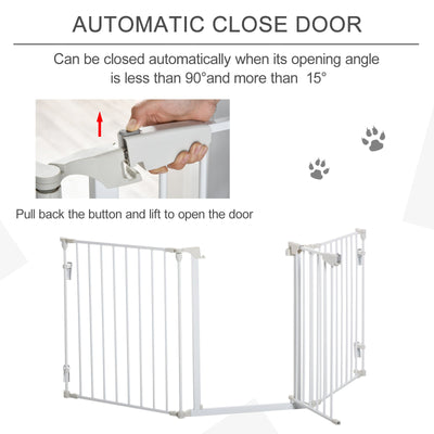 PawHut Pet Safety Gate 3-Panel Playpen Fireplace Christmas Tree Metal Fence Stair Barrier Room Divider w/Walk Through Door, White