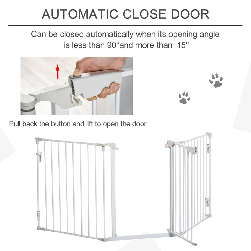 PawHut Pet Safety Gate 3-Panel Playpen Fireplace Christmas Tree Metal Fence Stair Barrier Room Divider w/Walk Through Door, White