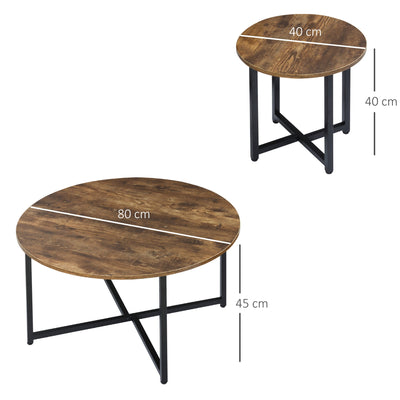 HOMCOM Round Coffee Table, Nesting Set of 2 with Metal Frame, Industrial Side End Table for Living Room Bedroom, Rustic Brown