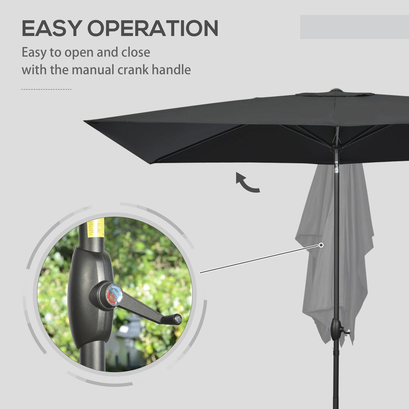 Outsunny 2 x 3(m) Garden Parasols Umbrellas Rectangular Patio Market Umbrella Outdoor Sun Shade w/ Crank & Push Button Tilt, Aluminium Pole, Black