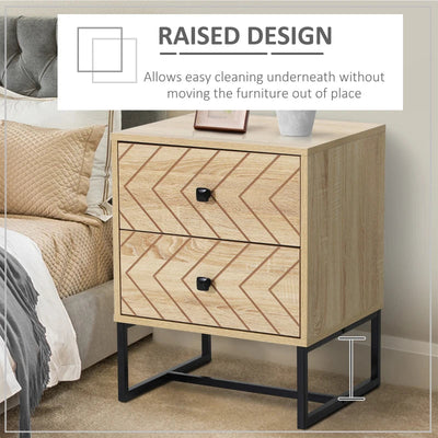 BORO Bedside Table 2 Drawer Unit Zig Zag Design Nightstand w/ Black Metal Handles Melamine Finish, 48L x 39.5W x 60H cm