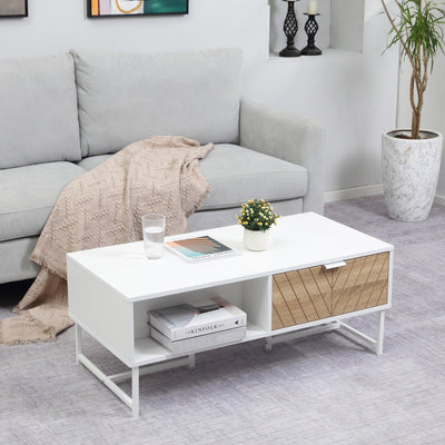 Modern Coffee Table with Storage, Rectangular Living Room Table with Drawer, White