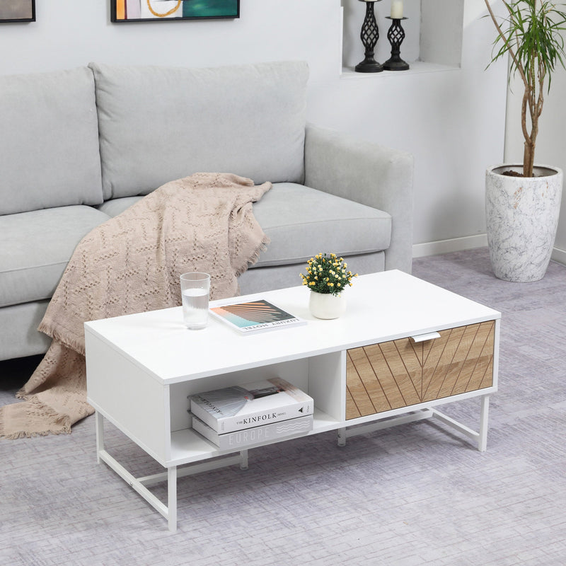 Modern Coffee Table with Storage, Rectangular Living Room Table with Drawer, White