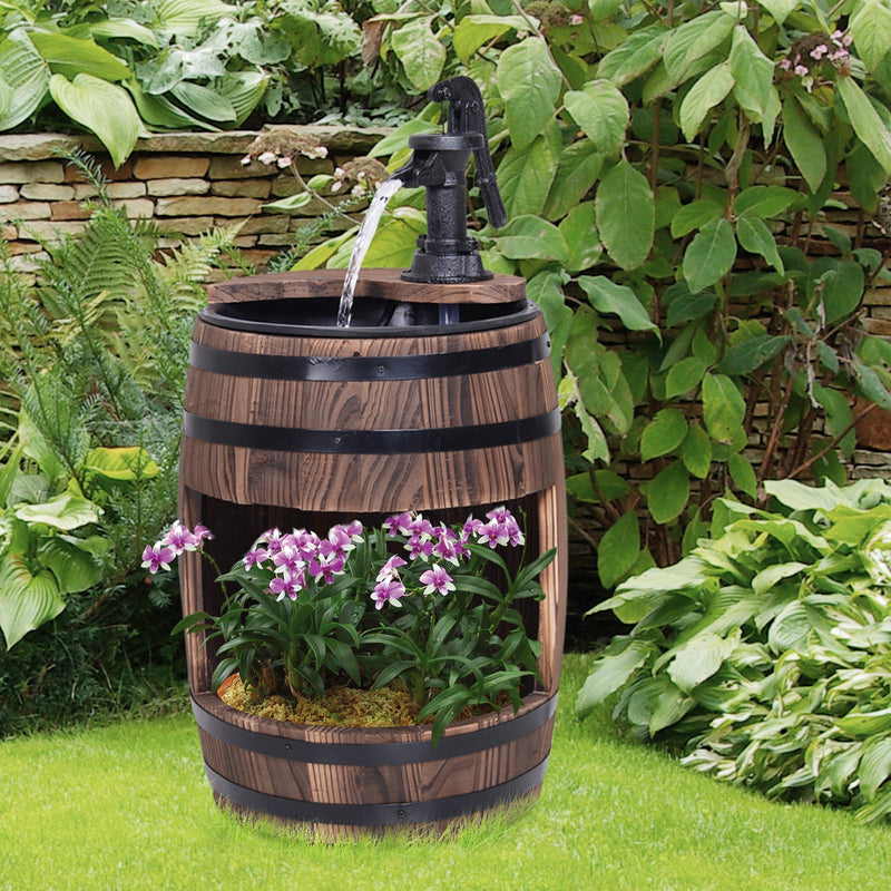 Outsunny Wood Barrel Patio Water Fountain Electric Pump Garden Decorative Ornament with Flower Planter Decor