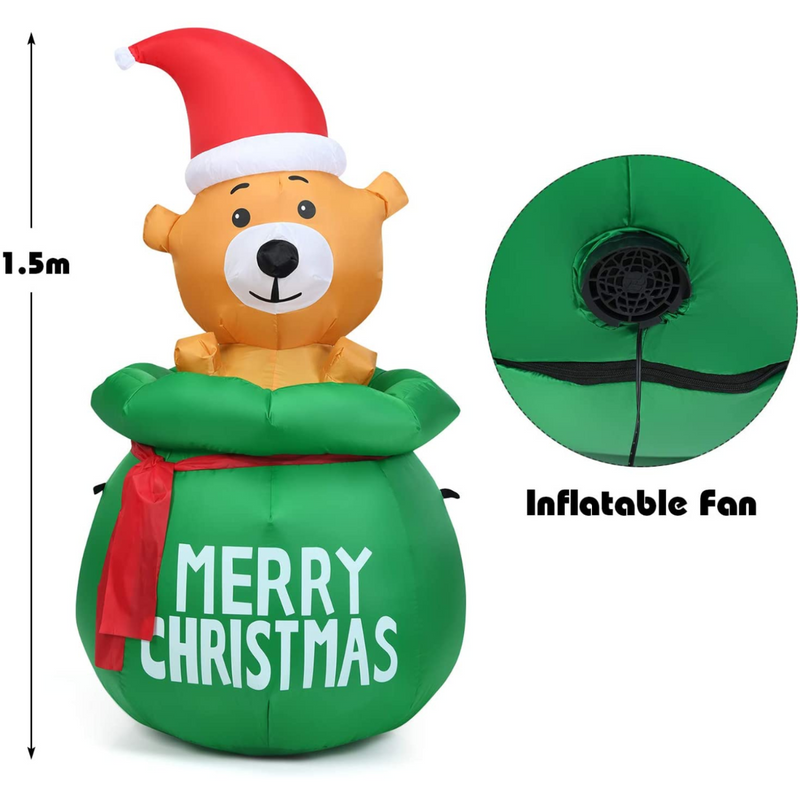 1.5M Blow Up Inflatable LED Christmas Cute Bear with Santa Hat