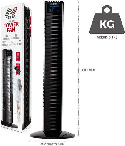 NETTA Tower Fan, 36 Inch Oscillating with Remote Control, LED Display, 3 Speed Settings With 8 Hours Timer, Bladeless Floor Fan - Black