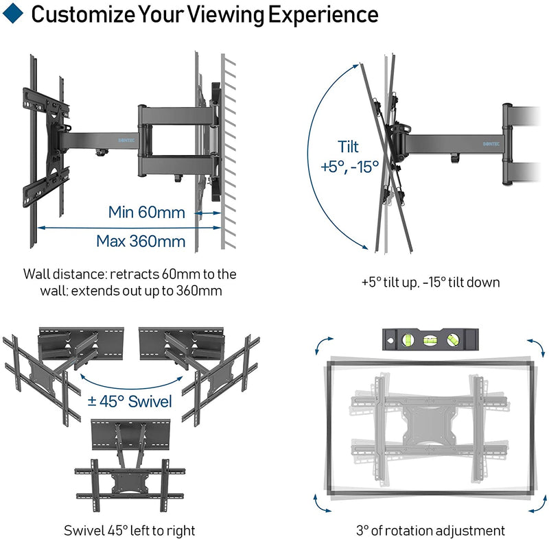 BONTEC TV Wall Bracket for 37-80 inch LED LCD Flat & Curved Screen, Swivel Tilt TV Wall Mount, Heavy Duty Dual Arms up to 65KG, with HDMI Cable