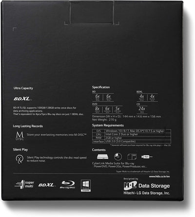 Hitachi-LG BP55 External Blu-Ray Drive, USB 2.0 Slim Portable Player/Rewriter Black