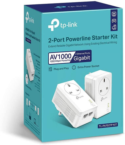 TP-Link TL-PA7027P KIT AV1000 2-Port Gigabit Passthrough Powerline Starter Kit, Data Transfer Speed Up to 1000 Mbps