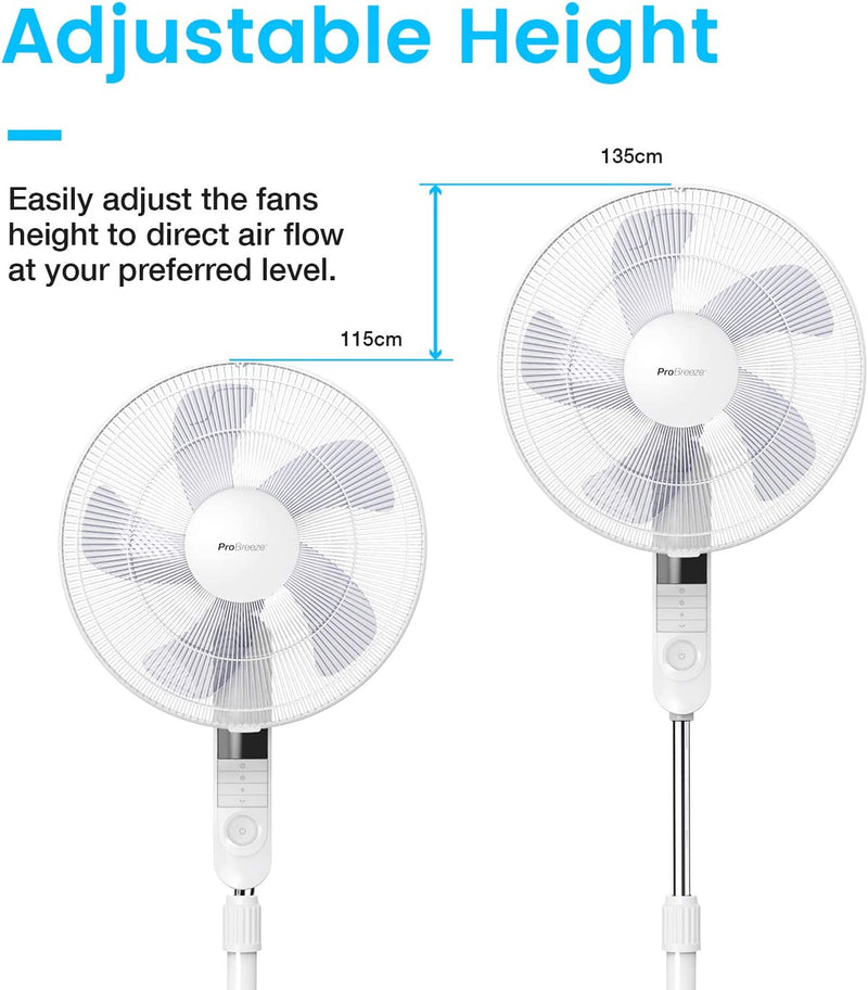 Pro Breeze 16-Inch Pedestal Fan with Remote Control and LED Display - 4 Modes - 80° Oscillation - Adjustable Height & Pivoting Fan Head, White