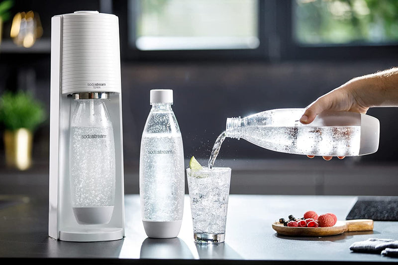 SodaStream Terra Sparkling Water Maker Machine with 1 Litre Reusable BPA-Free Water Bottle for Carbonating & 60 L Quick Connect CO2 Gas Cylinder White