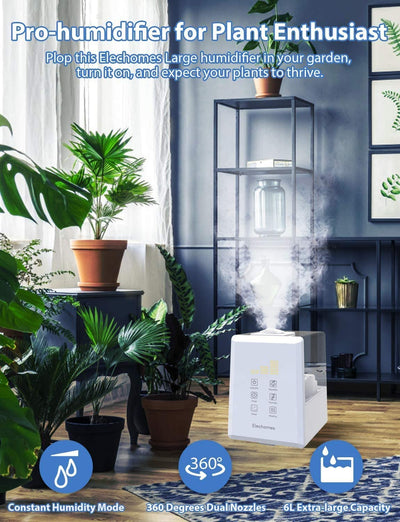 Elechomes Ultrasonic Humidifier 6L, Warm and Cool Mist for Large Rooms, Dual 360° Nozzles with Remote, Customized Humidity, LED Touch Display EC5501