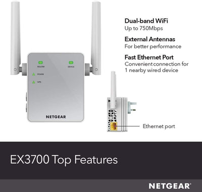 NETGEAR WiFi Booster Range Extender | WiFi Extender Booster | WiFi Repeater Internet Booster | Covers up to 1000 sq ft and 15 devices | AC750 (EX3700)