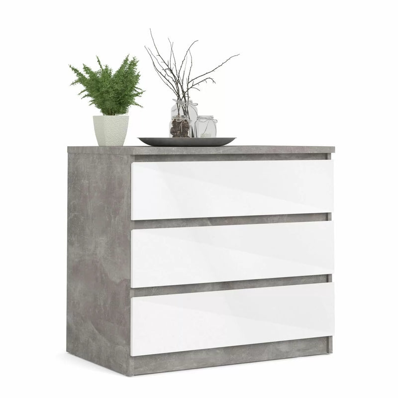 Naia Chest of 3 Drawers in Concrete and White High Gloss - Grey and White High Gloss