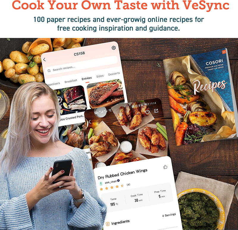 COSORI Smart Air Fryer Oven 5.5L, 200 Recipes Cookbook & Online, Google Assistant & APP Control, Square Removable Basket, 13 Cooking Functions, Black