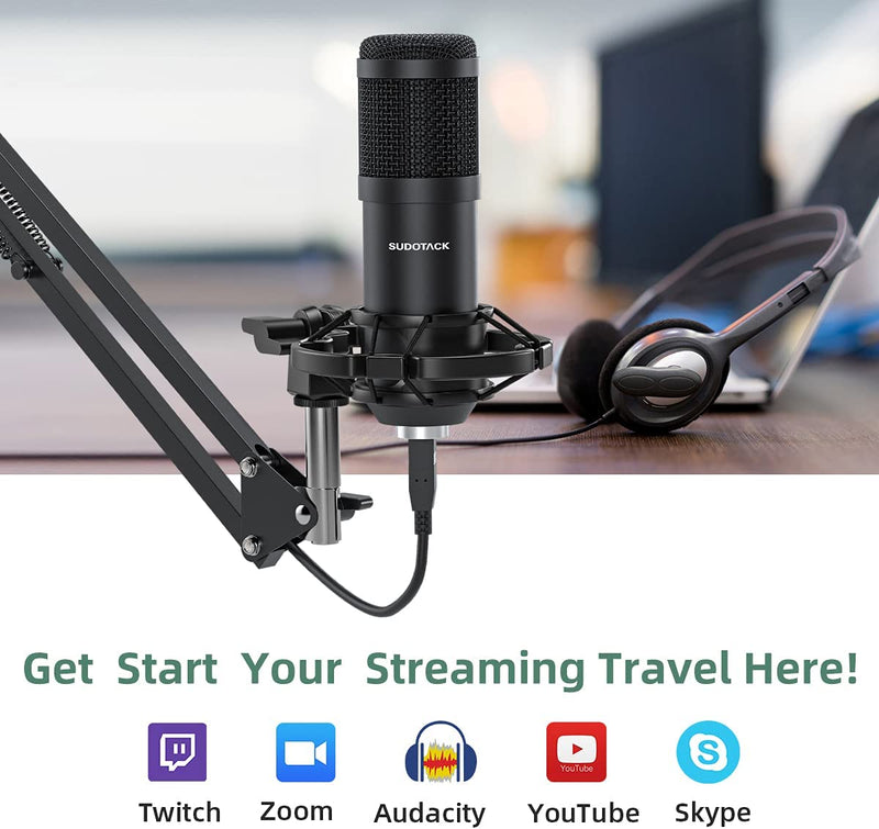 SUDOTACK USB Streaming Podcast PC Microphone Set, 192KHZ/24Bit Studio Cardioid Condenser Mic Kit with sound card Boom Arm Shock Mount Pop Filter