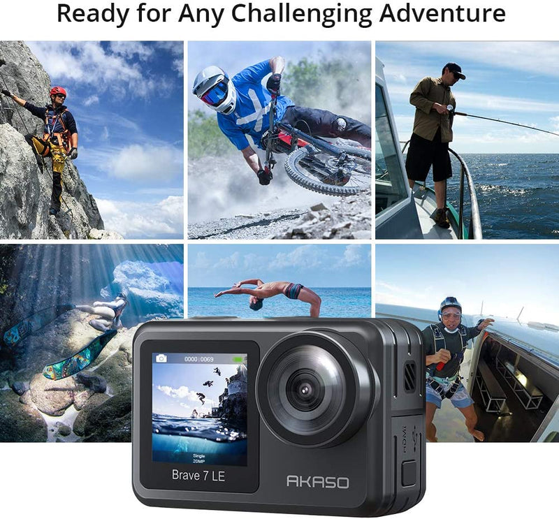 AKASO Brave 7 LE Dual Screen WiFi Sports Action Camera, IPX7 Waterproof Native 4K 20MP, EIS Touch Screen, Underwater 40m Cam, 2X 1350mAh Batteries