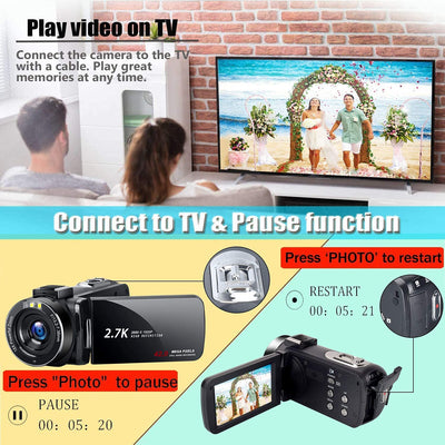 HD Video Camera Camcorder with LED Fill Light, 2.7K 1080P 42MP 30FPS FHD YouTube Vlogging Camera Recorder 18X Digital Zoom with 2 Batteries