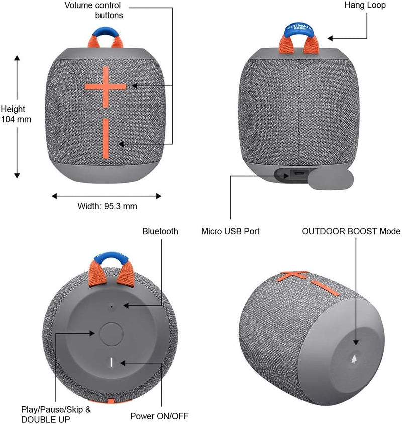 Ultimate Ears Wonderboom 2 Wireless Speaker, Deep Bass, 360 ° Surround Sound, Waterproof, 2 Speaker Connection for Powerful Sound, 13h Battery, Grey