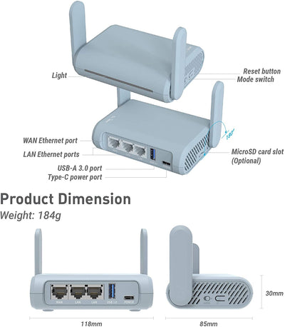 GL.iNet GL-MT1300 (Beryl) VPN Secure Travel Gigabit Wireless Router, AC1300 400Mbps (2.4GHz) + 867Mbps(5GHz) Wi-Fi, IPv6, Tor, MicroSD Slot, USB3.0