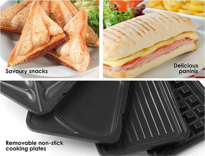 Salter XL 4-in-1 Snack Maker, Interchangeable Non-Stick Cooking Plates, Panini Press, Electric Omelette Cooker, Waffle, Toastie Sandwich Toaster