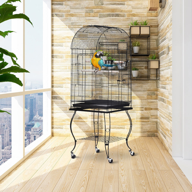 Metal Wire Bird Cage Parrot Cage Steel Pipe Bird Stand with Wheels 51Lx51Wx137H cm-Black