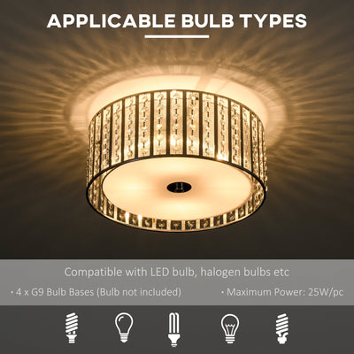 HOMCOM Modern K9 Crystal Chandelier Ceiling Light with Double Layer Lampshade, Round Pendant Light for Living Room, 4 G9 Bulbs Required, Φ35 cm