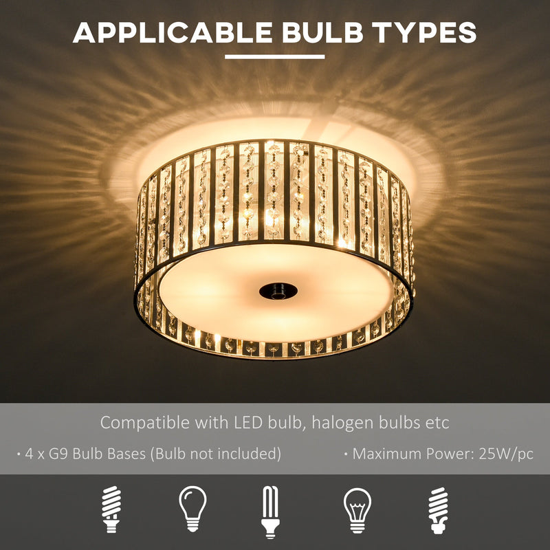 HOMCOM Modern K9 Crystal Chandelier Ceiling Light with Double Layer Lampshade, Round Pendant Light for Living Room, 4 G9 Bulbs Required, Φ35 cm