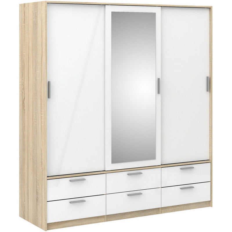 Line Oak & White High Gloss 3 Door 6 Drawer Wardrobe