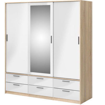 Line Oak & White High Gloss 3 Door 6 Drawer Wardrobe