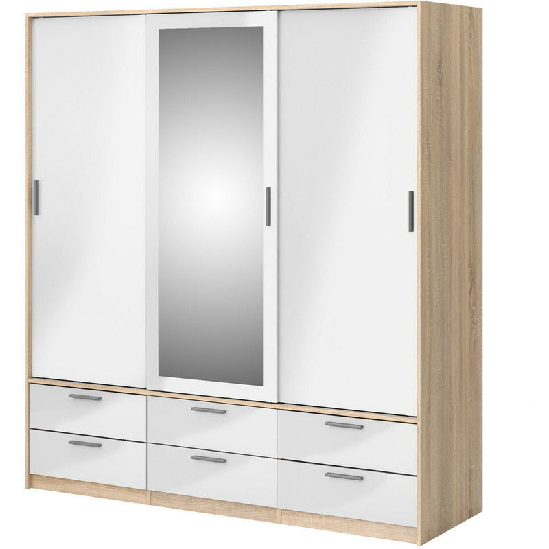 Line Oak & White High Gloss 3 Door 6 Drawer Wardrobe