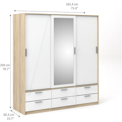 Line Oak & White High Gloss 3 Door 6 Drawer Wardrobe