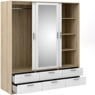 Line Oak & White High Gloss 3 Door 6 Drawer Wardrobe