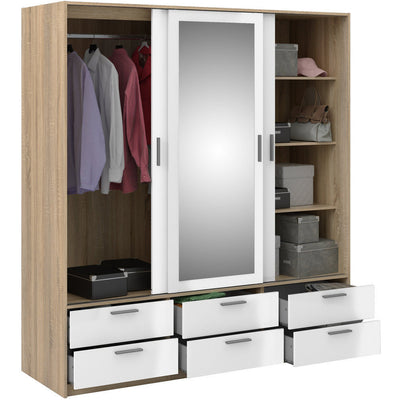 Line Oak & White High Gloss 3 Door 6 Drawer Wardrobe