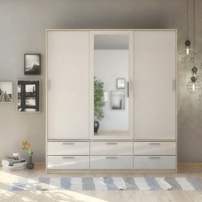 Line Oak & White High Gloss 3 Door 6 Drawer Wardrobe