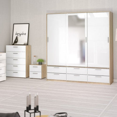 Line Oak & White High Gloss 3 Door 6 Drawer Wardrobe