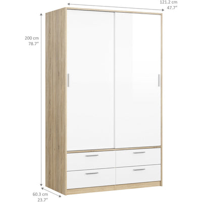 Line Oak & White High Gloss 2 Door 4 Drawer Wardrobe